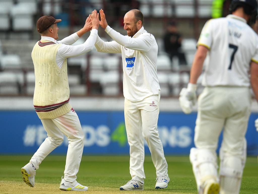 Leach celebrates a wicket for Somerset in this year’s County Championship. Picture: Harry Trump/Getty Images