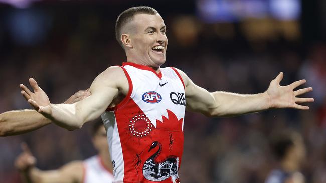 Sydney's Chad Warner celebrates kicking a goal  during the Sir Doug Nicholls Round match between the Sydney Swans and Carlton Blues at the SCG on May 17, 2024. Photo by Phil Hillyard(Image Supplied for Editorial Use only - **NO ON SALES** - Â©Phil Hillyard )