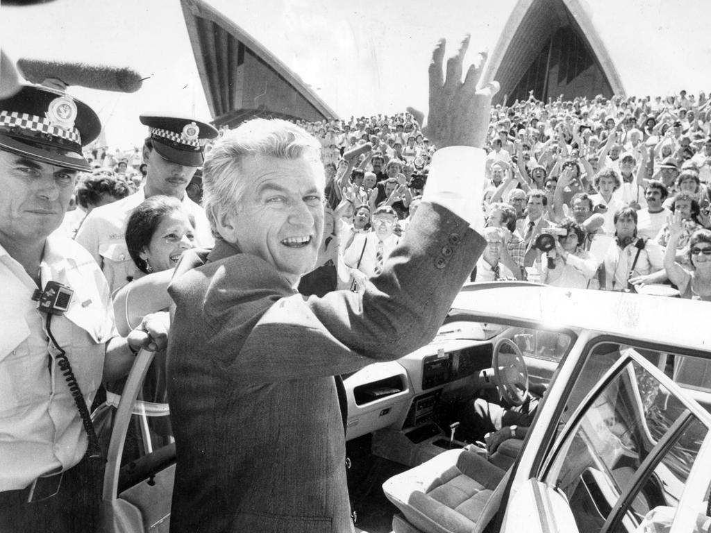 Labor leader Bob Hawke farewells crowds at the Sydney Opera House, 16th of February 1983, after giving an ALP policy speech for the upcoming 1983 Federal election. Picture: Ray Strange