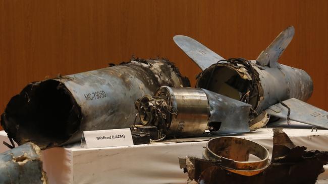 Remains of what was described as a misfired Iranian cruise missile used in an attack on Saudi Arabia's oil industry. Picture: AP