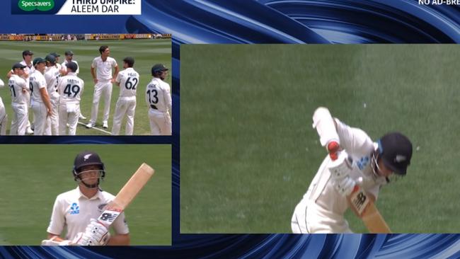 Third umpire Aleem Dar gave Mitchell Santner not out on review, despite the ball appearing to clip the sweatband of the Kiwi batsman’s glove.