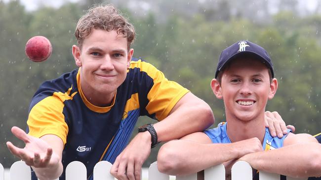 Bulletin reporter Kyle Wisniewski and Connor Brown celebrate after making the Queensland T20 final. Picture: Jason O'Brien