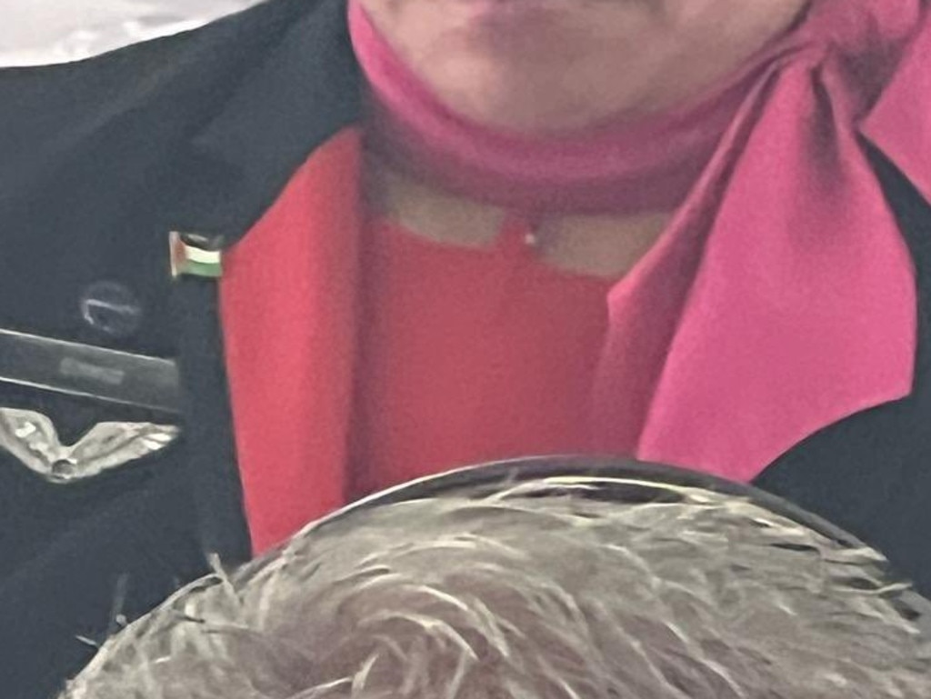 A Qantas flight attendant with a pin of the Palestinian flag on a domestic flight. Picture: X