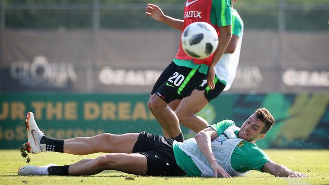 Tomi Juric slides for the ball during the Socceroos training camp in Antalya. Picture: Toby Zerna