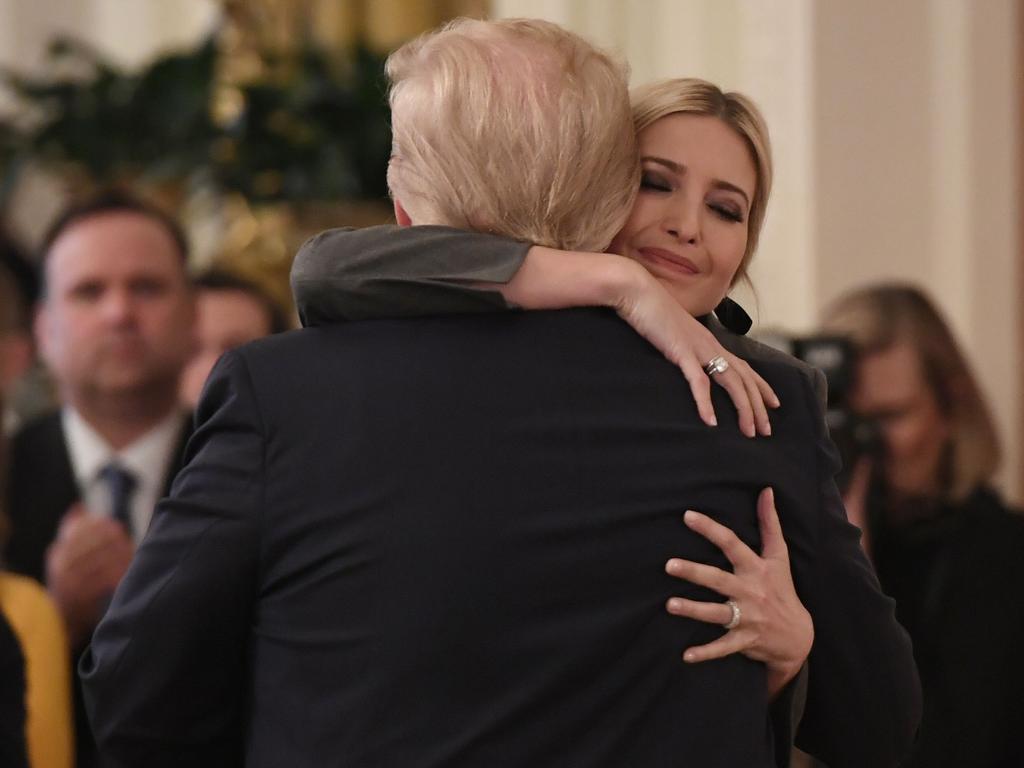 US President Donald Trump hugs his daughter and senior advisor Ivanka Trump as he speaks about his Senate impeachment trial at the White House. Picture: AFP