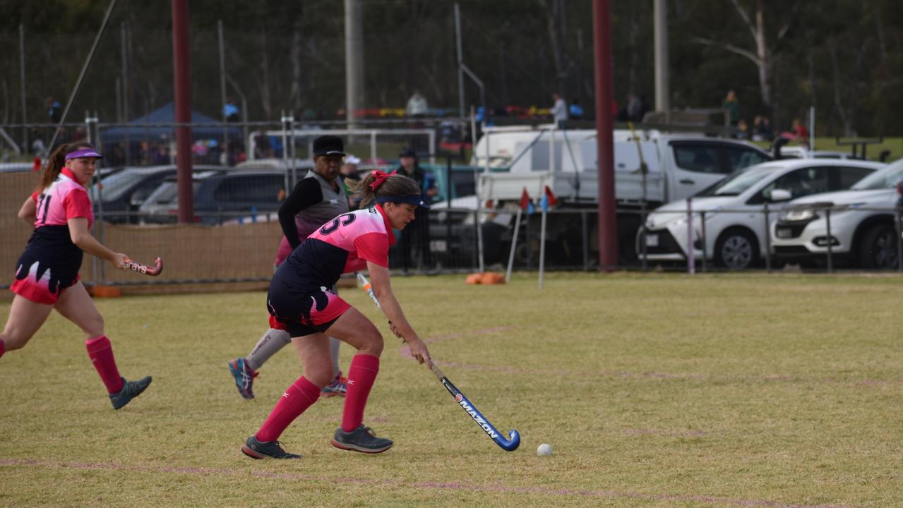 Georgina Kreig lining up a goal for Toowoomba in their clash with Gladstone at the 2021 Queensland Hockey Women's Masters Championships in Warwick.