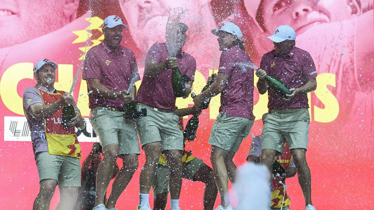 Marc Leishman, Lucas Herbert, Cameron Smith and Matt Jones go nuts on stage in Adelaide. Picture: Mark Brake/Getty Images