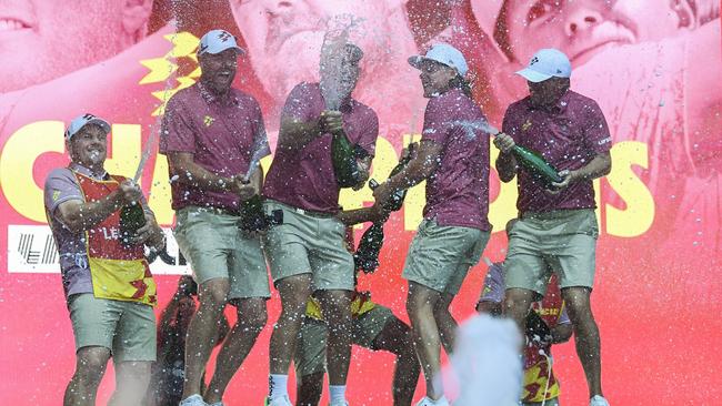 Marc Leishman, Lucas Herbert, Cameron Smith and Matt Jones go nuts on stage in Adelaide. Picture: Mark Brake/Getty Images