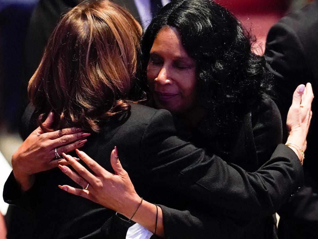 US Vice President Kamala Harris hugs RowVaughn Wells during the funeral service. Picture: AFP