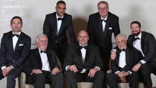 New Australian Football Hall of Fame inductees (from left) Peter Bell, Bob Hammond, Michael O’Loughlin, Tony Lockett, Austin Robertson, Neil Roberts and Jason Akermanis. Picture: David Crosling