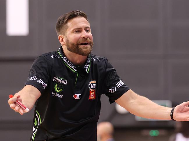 MELBOURNE, AUSTRALIA - JANUARY 22: Josh King, Coach of the Phoenix reacts during the round 17 NBL match between South East Melbourne Phoenix and Sydney Kings at State Basketball Centre, on January 22, 2025, in Melbourne, Australia. (Photo by Kelly Defina/Getty Images)