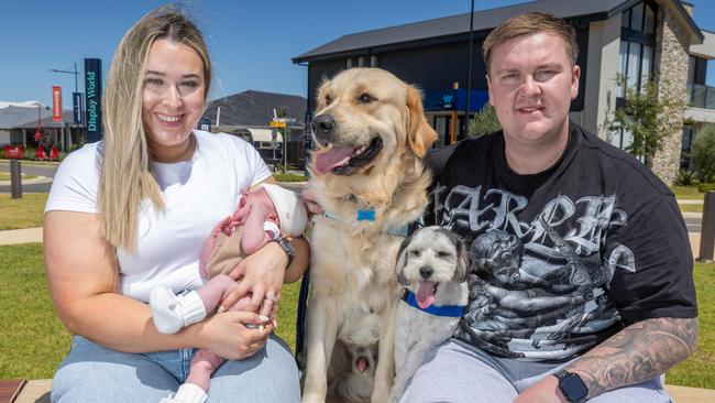 Emma and Jordan Bristow with their new baby Leo and two dogs Ziggy and Murphy at Riverlea SA. Pictured on 19th Feb 2025. Picture: Ben Clark