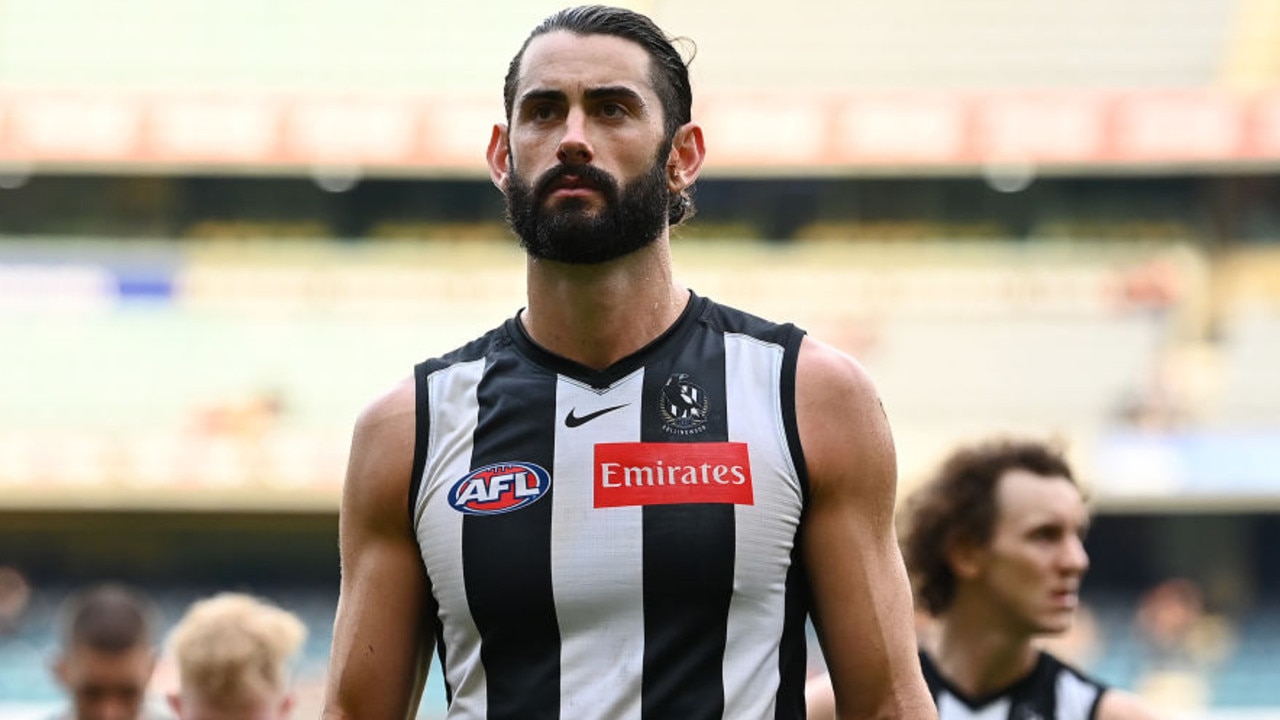MELBOURNE, AUSTRALIA - MAY 01: Brodie Grundy of the Magpies looks dejected after losing the round seven AFL match between the Collingwood Magpies and the Gold Coast Suns at Melbourne Cricket Ground on May 01, 2021 in Melbourne, Australia. (Photo by Quinn Rooney/Getty Images)