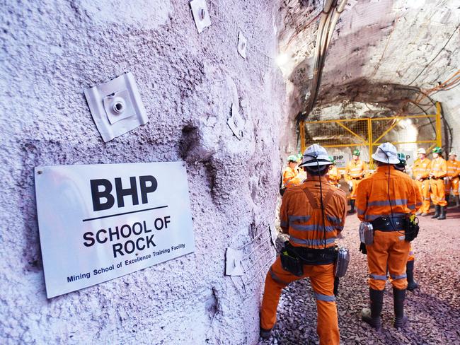 FILE - A general view of the underground mine during a tour of the Olympic Dam mine site in Roxby Downs South Australia, Friday, August 30, 2019. BHP officially launched its Underground School of Excellence at Olympic Dam, for people without experience in mining. AAP Image/David Mariuz) NO ARCHIVING.