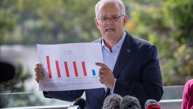 Prime Minister Scott Morrison points to Australia's inflation figures compared to those of other economies in Rockhampton today. Picture: Jason Edwards