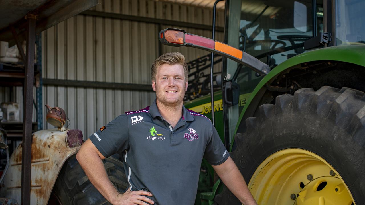 Reds rugby prop Harry Hoopert on his family grain farm at Jondaryan. Picture: Brendan Hertel, QRU