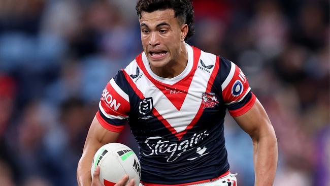 Joseph-Aukuso Suaalii has scored five tries, averaged nearly 200 metres and five tackle busts per game in his past five matches. Picture: Matt King/Getty Images