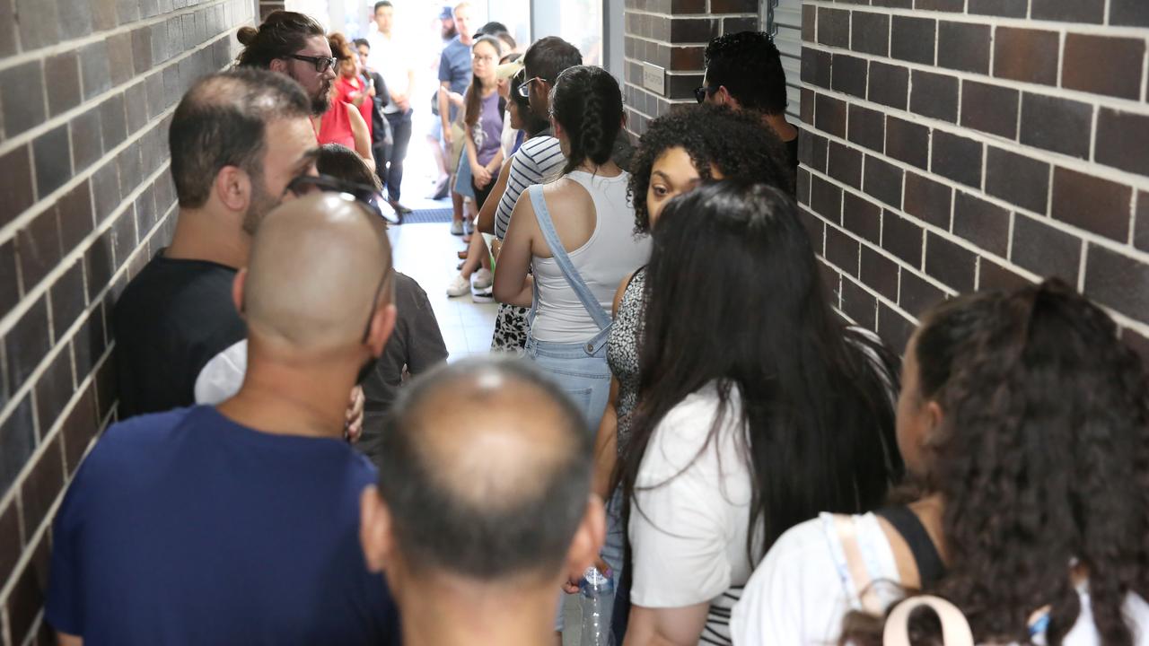 Crowds gather before the inspection for a studio in Sydney’s inner west. Picture: Angelo Velardo