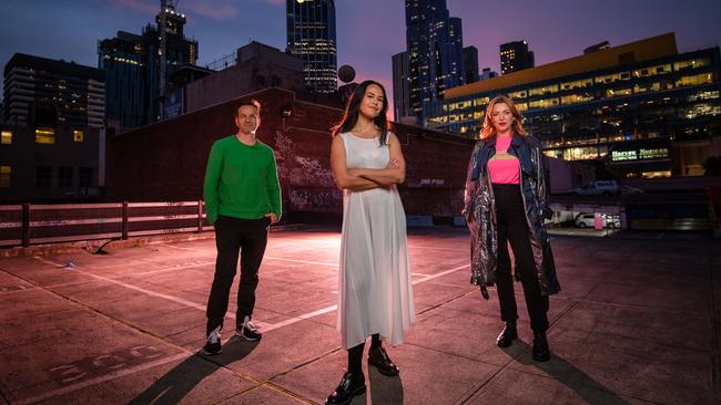 Artistic directors Hannah Fox from Dark Mofo (right) and Gideon Obarzanek (left) and contemporary dancer Amrita Hepi promote the Rising festival. Picture: Jason Edwards