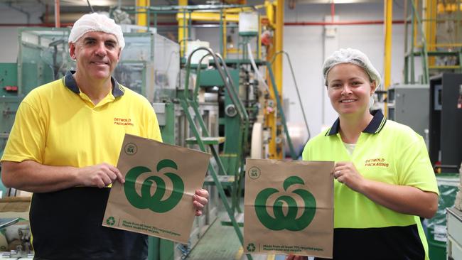 South Australian manufacturer Detpak’s employees with the new Woolworths 'Made in Aus' 20c paper bags. Picture: Supplied.