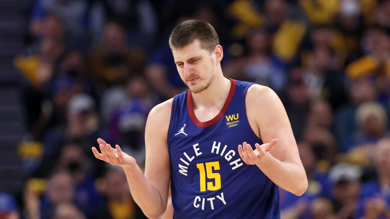 SAN FRANCISCO, CALIFORNIA - APRIL 18: Nikola Jokic #15 of the Denver Nuggets complains about a call against the Golden State Warriors in the second half during Game Two of the Western Conference First Round NBA Playoffs at Chase Center on April 18, 2022 in San Francisco, California. NOTE TO USER: User expressly acknowledges and agrees that, by downloading and/or using this photograph, User is consenting to the terms and conditions of the Getty Images License Agreement. (Photo by Ezra Shaw/Getty Images)