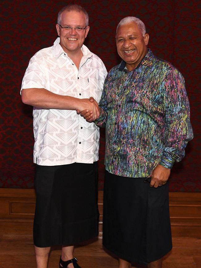 Australian Prime Minister Scott Morrison with Prime Minister of Fiji Frank Bainimarama. Picture: AAP