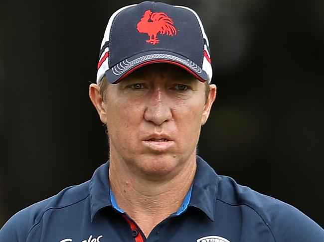 SYDNEY, AUSTRALIA - FEBRUARY 27: Roosters coach Trent Robinson watches on during the Sydney Roosters NRL training session at Kippax Lake on February 27, 2017 in Sydney, Australia. (Photo by Mark Kolbe/Getty Images)