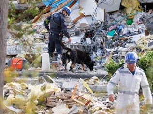 SYDNEY, AUSTRALIA - NewsWire Photos MAY 00 2024. Whalan explosion. A police dog searches over rubble as emergency services continue working to clear debris in the search for a missing woman at the site of an exploded home at Waikanda Crescent, in the Western Sydney suburb of Whalan. Picture: NewsWire / Max Mason-Hubers