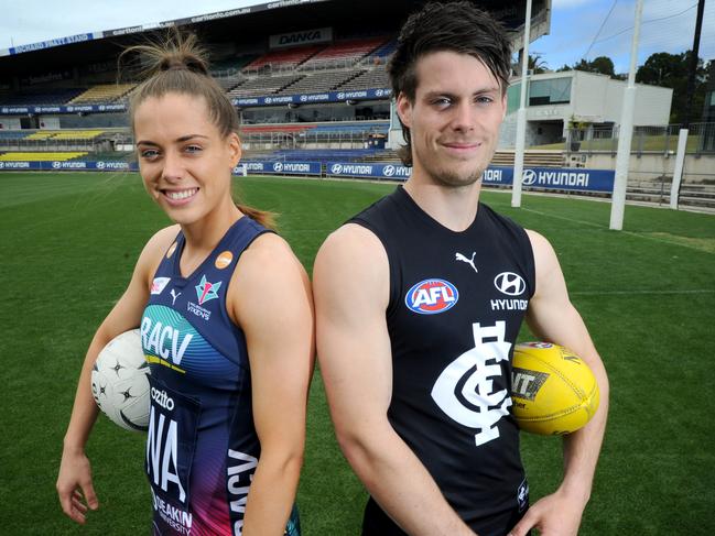 Melbourne Vixens mid-courter Tayla Honey and her brother Carlton draftee Josh Honey at Princes Park Carlton. Picture: Andrew Henshaw