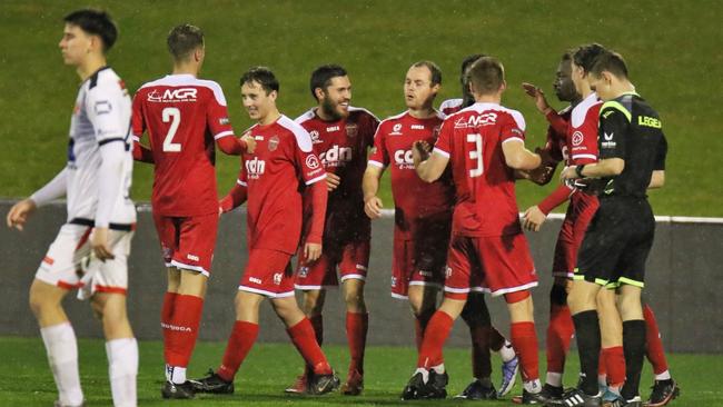 Wollongong Wolves celebrating a goal against Rockdale in July 2022. Photo: Pedro Garcia Photography