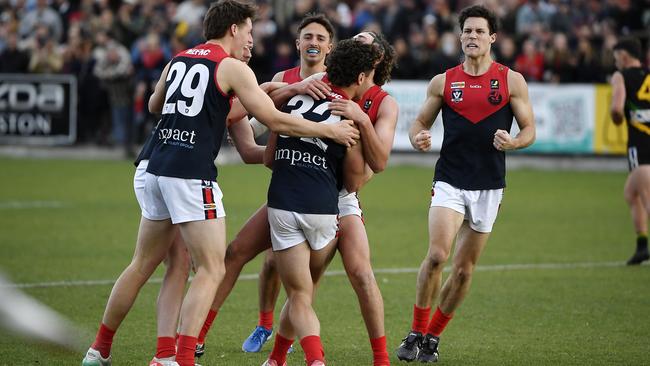 Mt Eliza players celebrate. Picture: Andrew Batsch