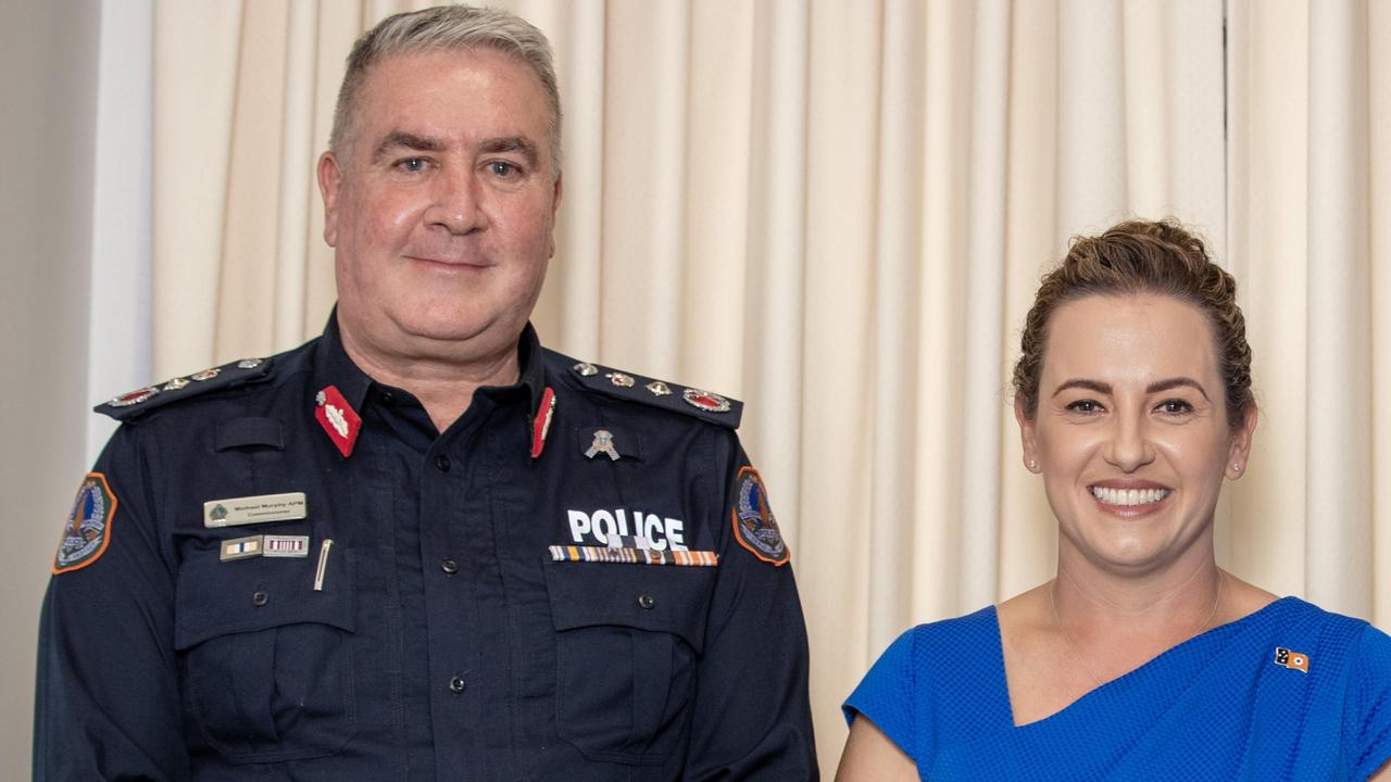 NT Police Commissioner Michael Murphy and NT Chief Minister Lia Finocchiaro are in Alice Springs to hold meetings with community bodies about escalating violence. Picture: NewsWire / Liam Mendes / Pool