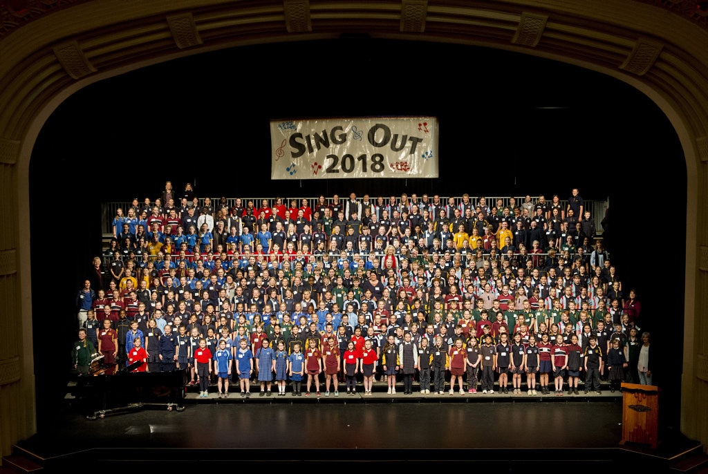 Sing Out 2018 mass choir featuring students from Cambooya State School, Bunkers Hill State School, Christian Outreach College , Crows Nest State School, Darling Downs Christian College, Fairholme Junior , Grantham State School, Holy Name Primary School, Mary McKillop Catholic College, Mater Dei Primary School , Meringandan State School, Toowoomba Christian College and Toowoomba East State School. Thursday, 14th Jun, 2018. Picture: Nev Madsen