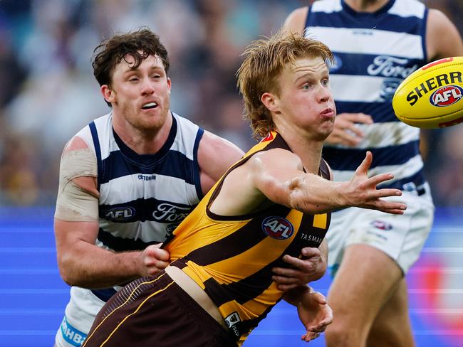 Jed Bews was concussed in Geelong’s win over Hawthorn. Picture: Dylan Burns/AFL Photos via Getty Images