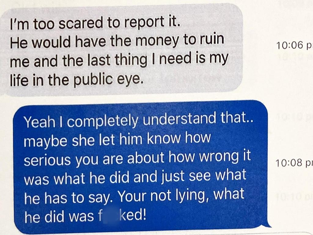 A text that Hayne's victim sent to a friend after the assault. Picture: Supplied