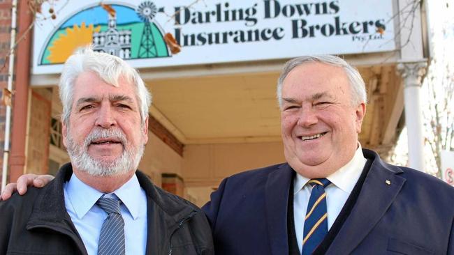 BROKERING BUDS: Peter McKenzie and Paul Munson went out on a limb to start Darling Downs Insurance Brokers 27 years ago but tomorrow they're saying goodbye to loyal clients from over the years as they both retire. Picture: Marian Faa