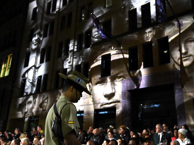 A member of the Catafalque Party stands guard during the Anzac Day dawn service in Sydney. Picture: AAP Image/Dan Himbrechts