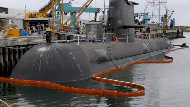 HMAS Farncomb at the dock at ASC’s Osborne yard in Adelaide. Picture: Kelly Barnes