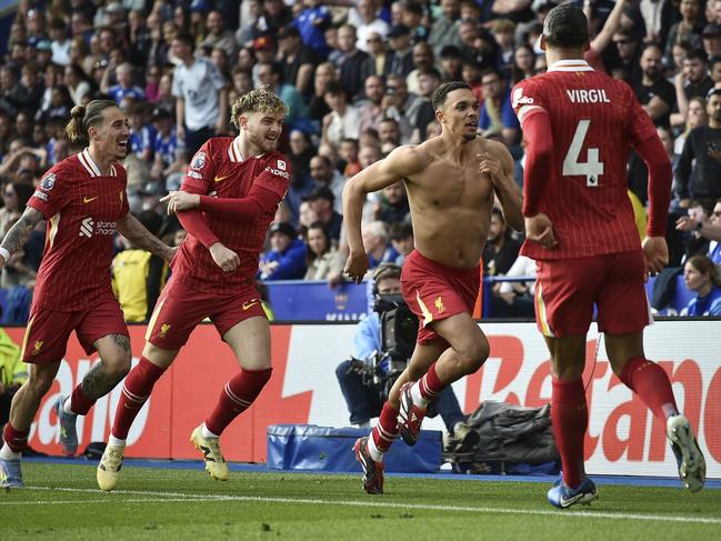 Liverpool's Trent Alexander-Arnold celebrates his winner against Leicester. Picture: Rui Vieira/AP Photo