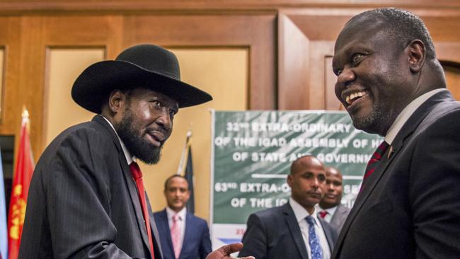 President Salva Kiir, left, and Riek Machar in June. Picture: AP