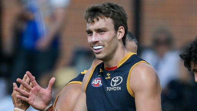 ADELAIDE, AUSTRALIA - MARCH 02: Izak Rankine of the Crows   celebrates a goal  with  Riley Thilthorpe of the Crows  during the 2024 AFL Community Series match between Adelaide Crows and West Coast Eagles at Hisense Stadium on March 02, 2024 in Adelaide, Australia. (Photo by Mark Brake/Getty Images)