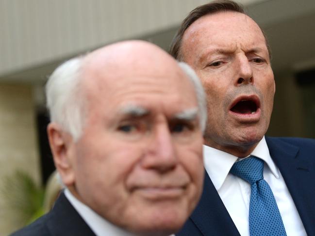 Former Australian prime ministers John Howard and Tony Abbott. Picture: AAP Image/Jeremy Piper