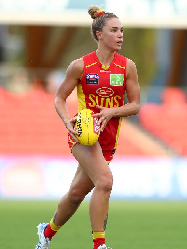 Hannah Dunn of the Suns in action during the round 2 AFLW match between the Gold Coast Suns and the Richmond Tigers at Metricon Stadium on February 15, 2020 in Gold Coast, Australia. (Photo by Chris Hyde/AFL Photos/Getty Images)