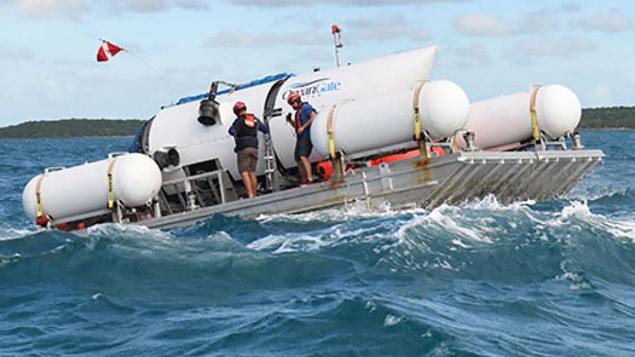 This undated image courtesy of OceanGate shows the Titan submersible being towed to a dive location. Rescue teams expanded the search underwater on June 20. Picture: Handout/OceanGate Expeditions/AFP