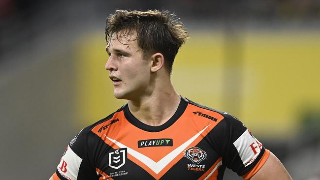 TOWNSVILLE, AUSTRALIA - JULY 01: Jake Simpkin of the Tigers loduring the round 18 NRL match between North Queensland Cowboys and Wests Tigers at Qld Country Bank Stadium on July 01, 2023 in Townsville, Australia. (Photo by Ian Hitchcock/Getty Images)