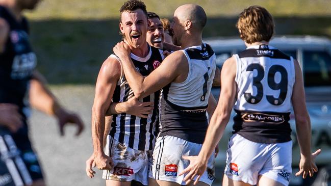 Port Adelaide's Nick Moore celebrates kicking a goal against South Adelaide at Noarlunga Oval on Sunday. Picture: Tom Huntley