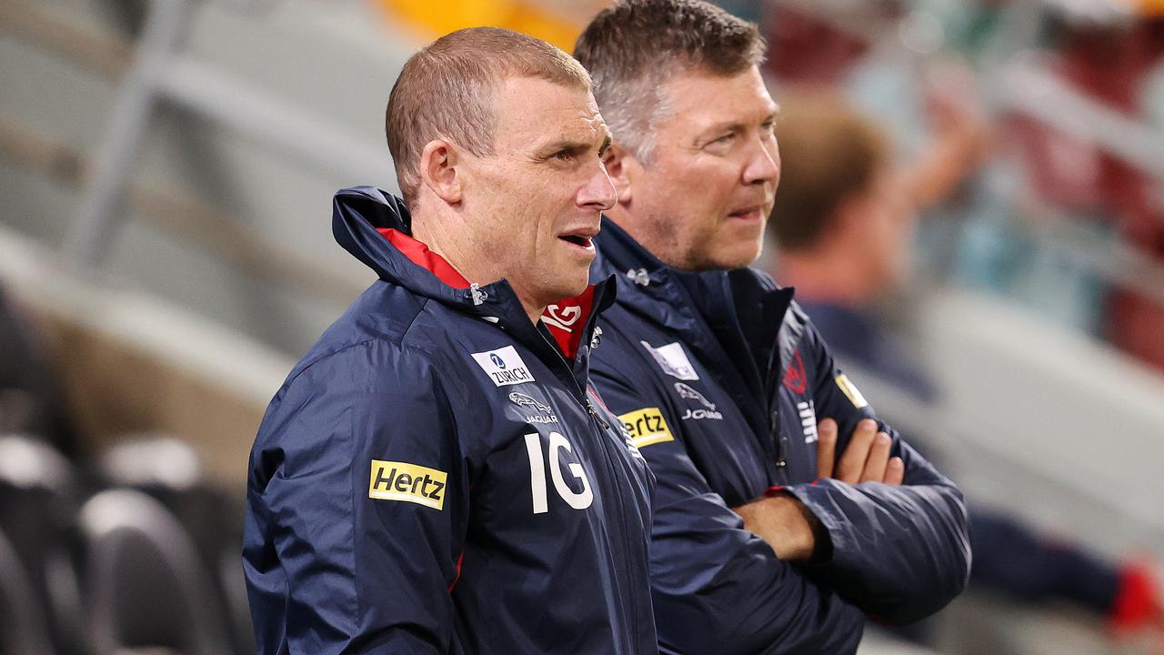 Melbourne coach Simon Goodwin and club boss Gary Pert addressed members during a controlled forum on Wednesday night. Picture: Michael Klein