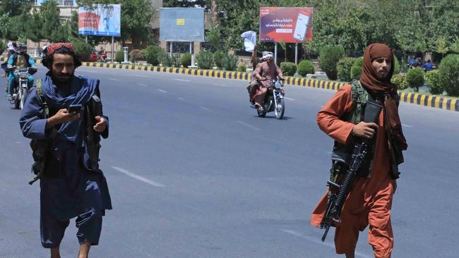 Taliban fighters patrol the streets in Herat. Picture: AFP