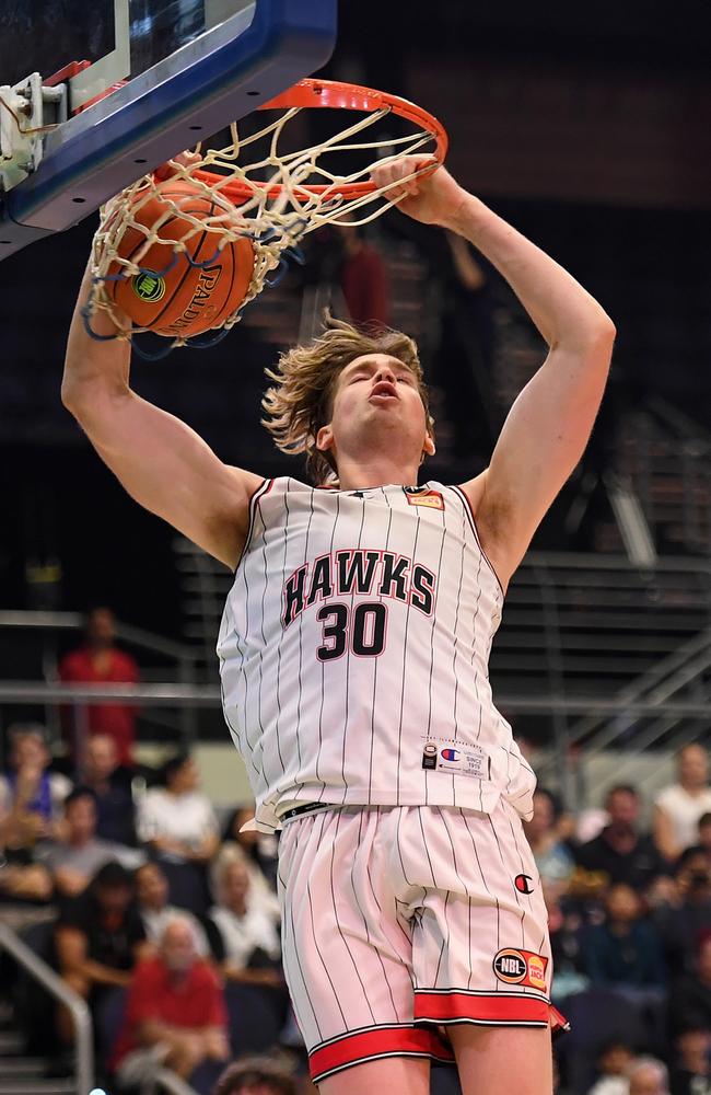 Look out below whenever NBA draft prospect Lachlan Olbrich is on the floor. Picture: Getty Images/NBL