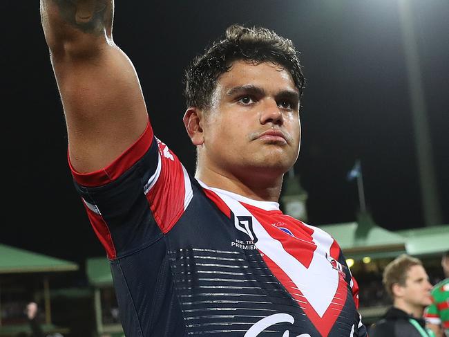 Roosters Latrell Mitchell celebrates victory with the crowd after the Sydney Roosters v South Sydney Qualifying NRL Final at the SCG. Picture: Brett Costello